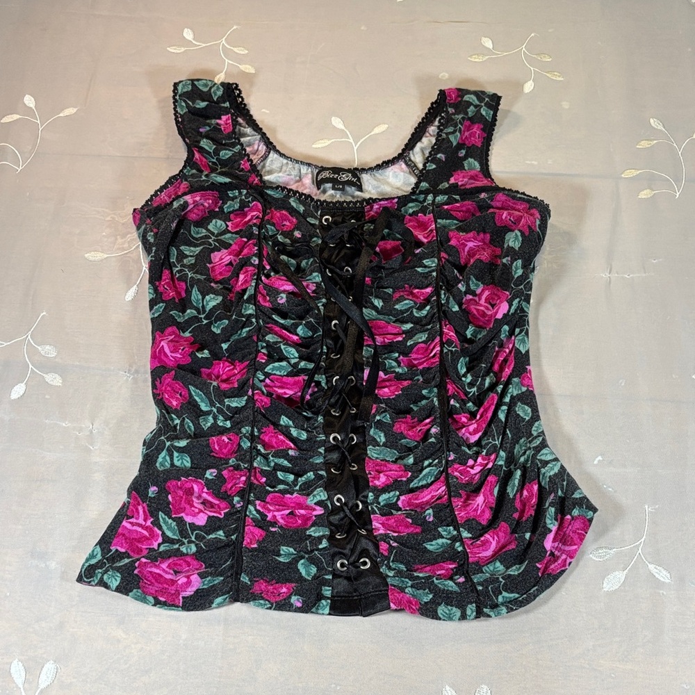 Y2K VTG Floral Lace-Up Corset Top Black with Pink Roses large Stripes asymetric